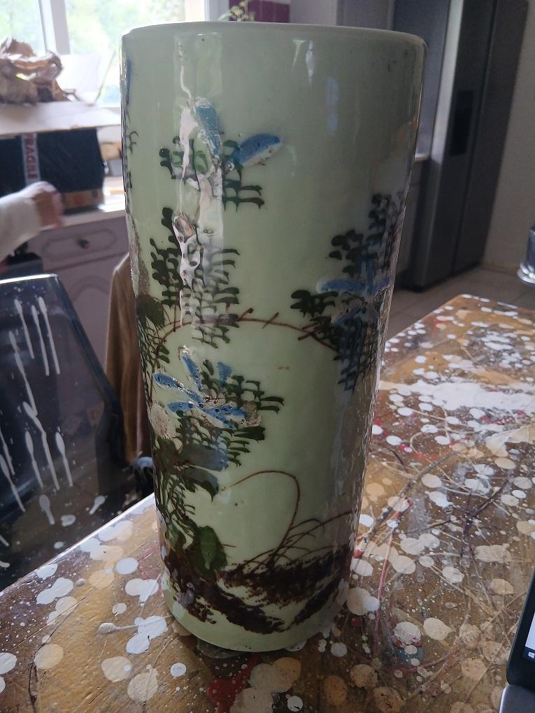 Grand vase asiatique cylindrique en céramique émaillée, Enlèvement ou Envoi