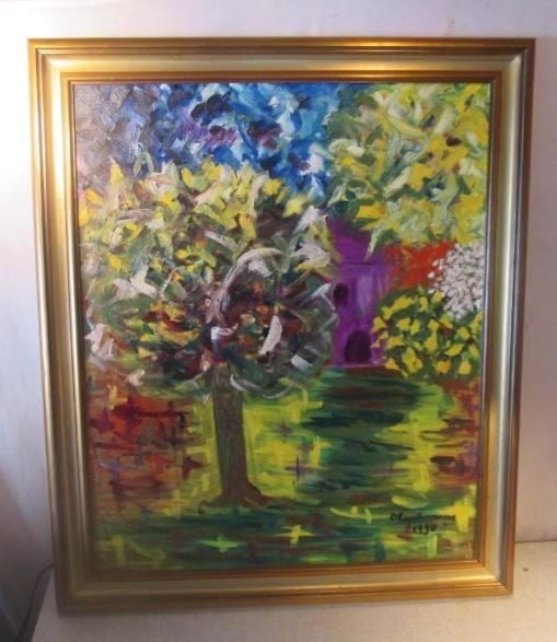 Mooi Modern Geschilderd Werk 'Bomen en Huis' - gesigneerd, Landschap, Ophalen of Verzenden, Textiel, Gesigneerd