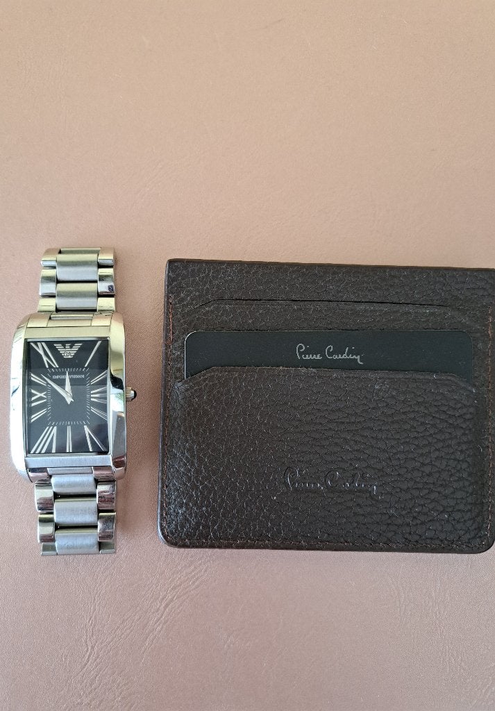 Emporio Armani horloge + nieuwe Pierre Cardin kaarthouder, Staal, Staal, Polshorloge, Zo goed als nieuw
