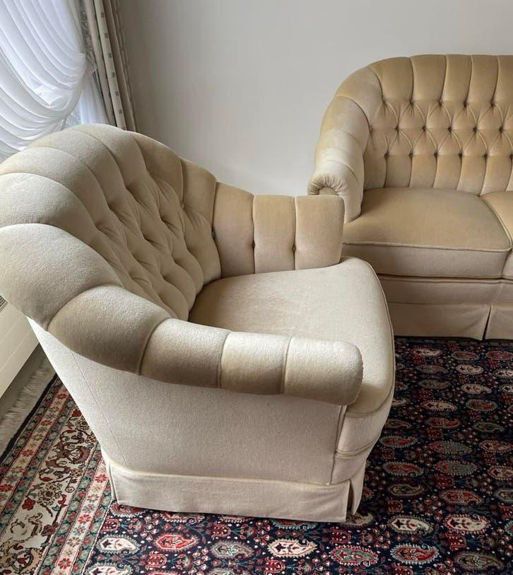 Zetel fauteuil chesterfield beige crème mohair barok vintage, Antiek en Kunst, Ophalen
