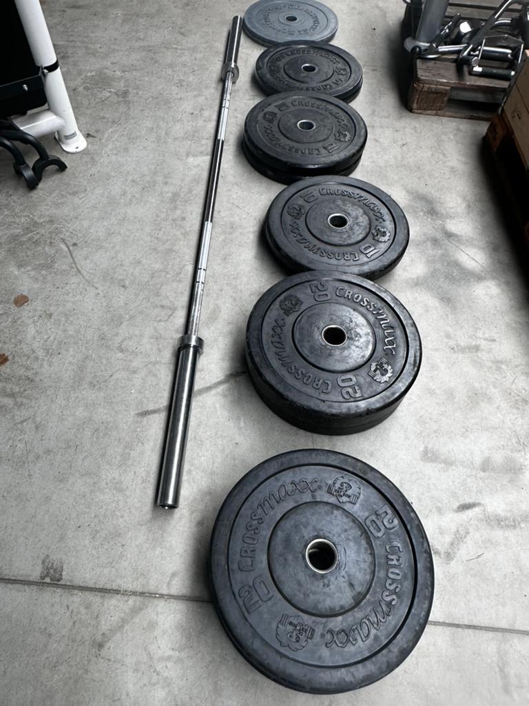135kg Crossmaxx Bumperplates, Barbell 220cm , 20kg, Enlèvement, Utilisé, Plaques d'haltères