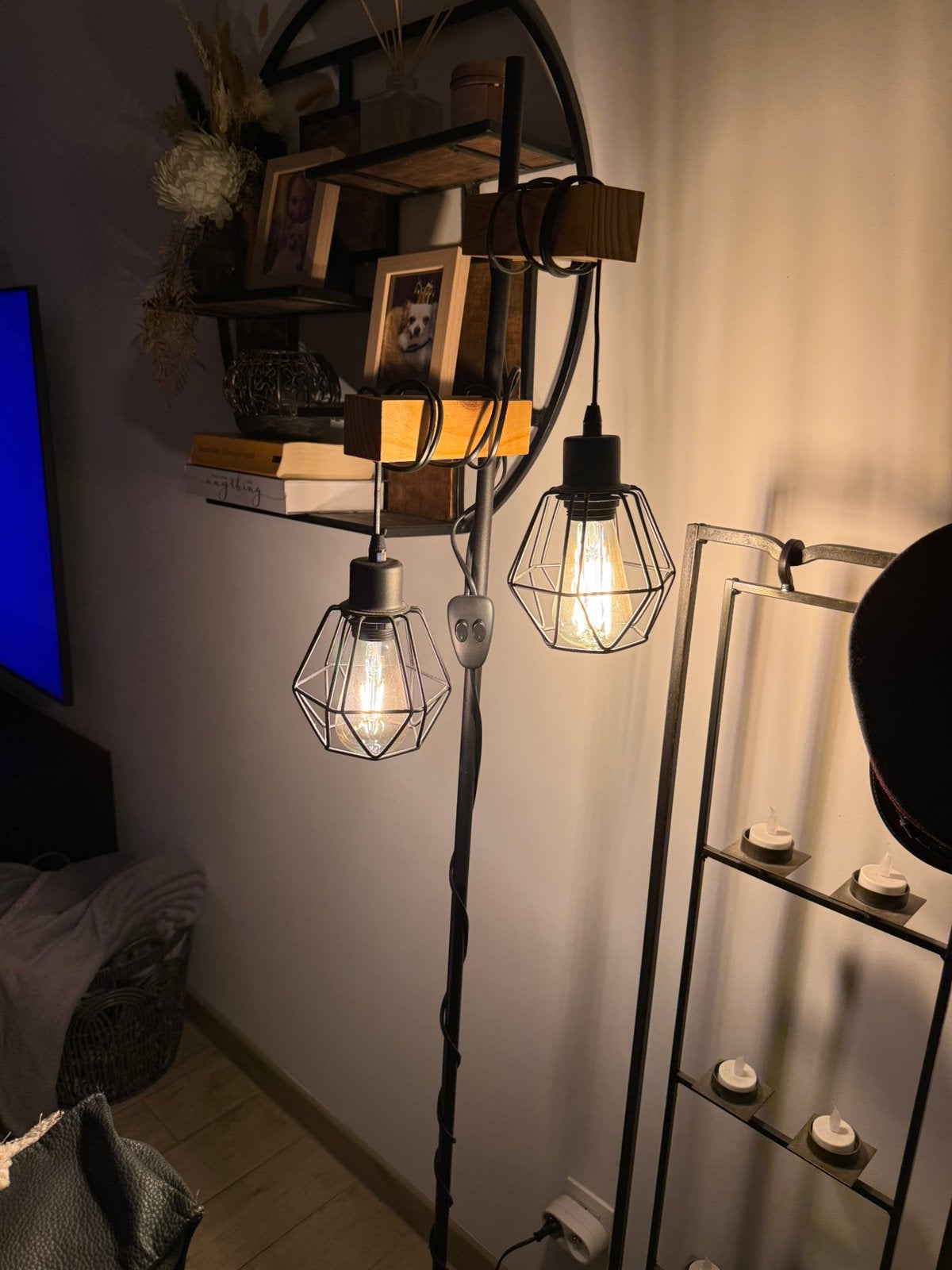 Lamp industriel sur pied avec 2 points lumineux - noir/bois, Enlèvement ou Envoi, Comme neuf, Bois