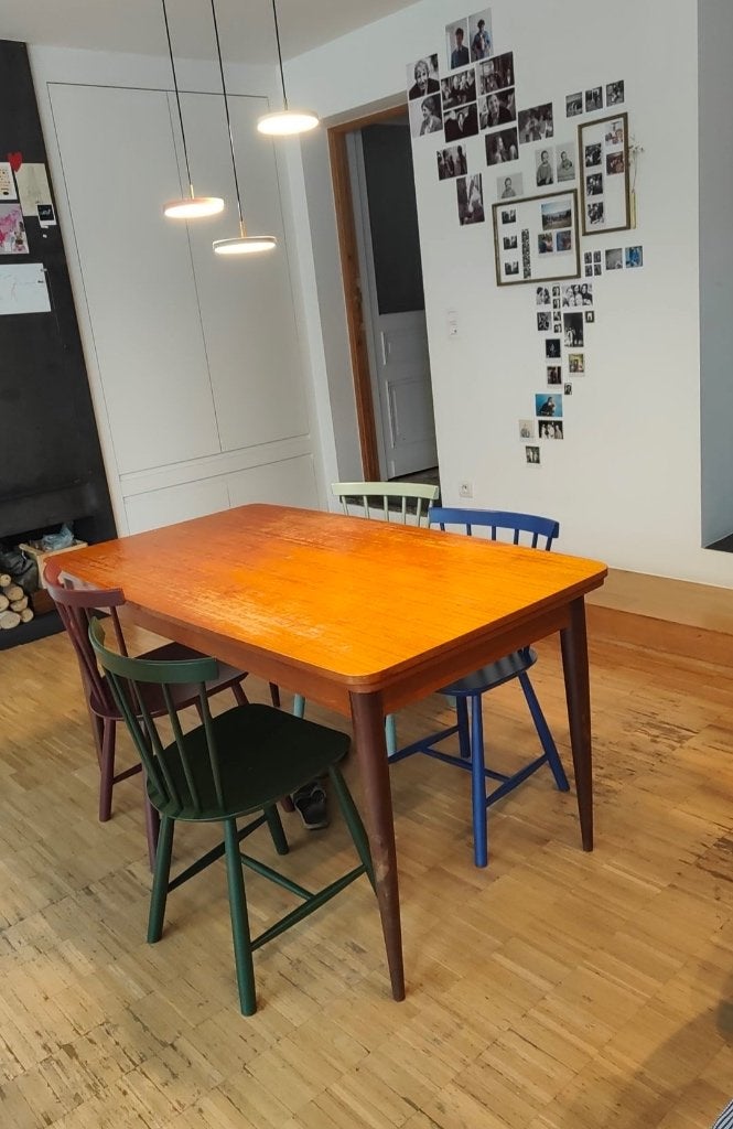 Vintage tafel jaren '60 - verlengbaar - fineer, Ophalen, Gebruikt, Jaren 60, 50 tot 100 cm