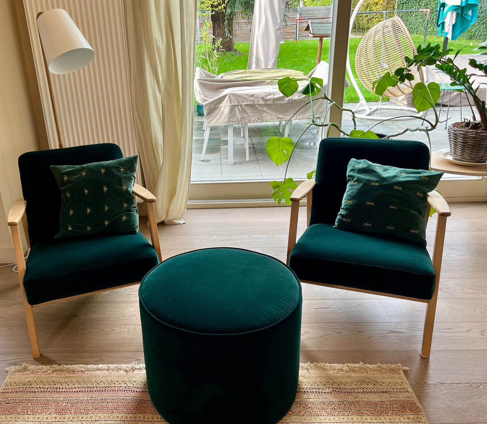 Ikea 2 zetels + poef groen fluweel, Enlèvement, Comme neuf