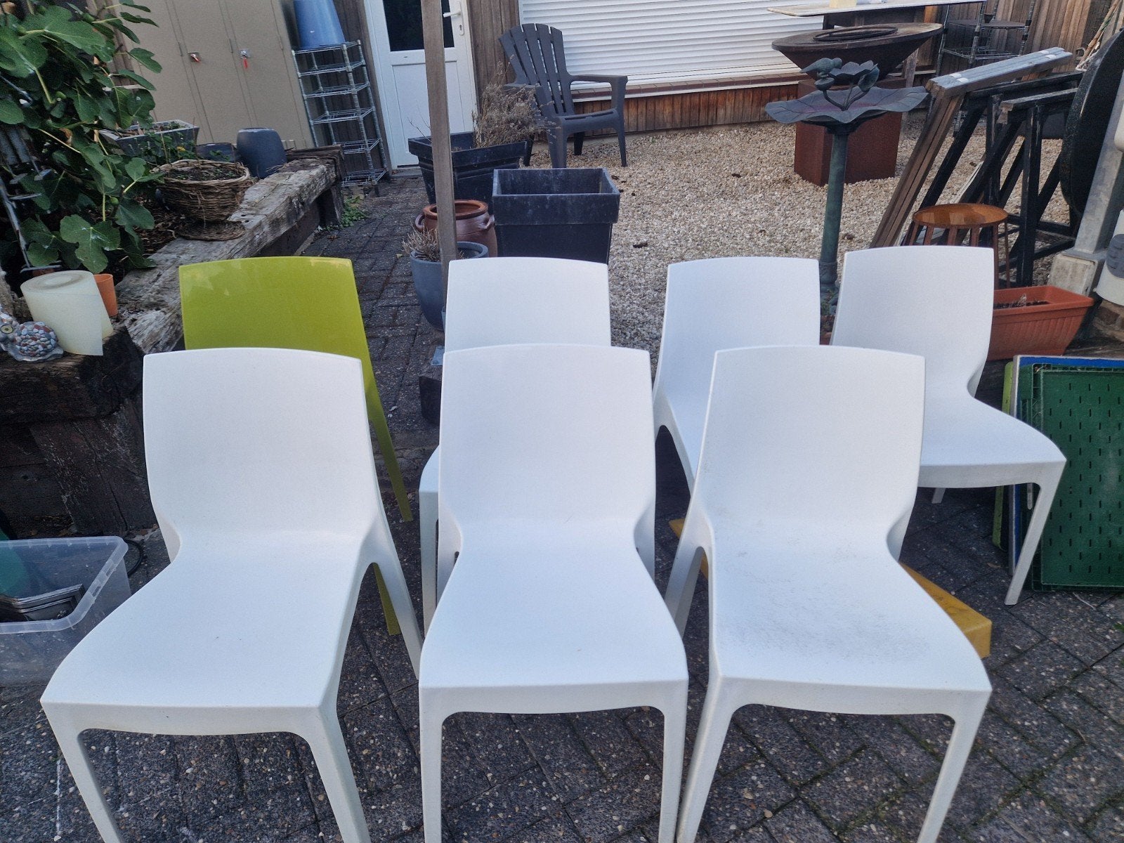 6 Italiaanse designstoelen – stapelbaar – Made in Italy, Ophalen, Gebruikt, Wit, Kunststof