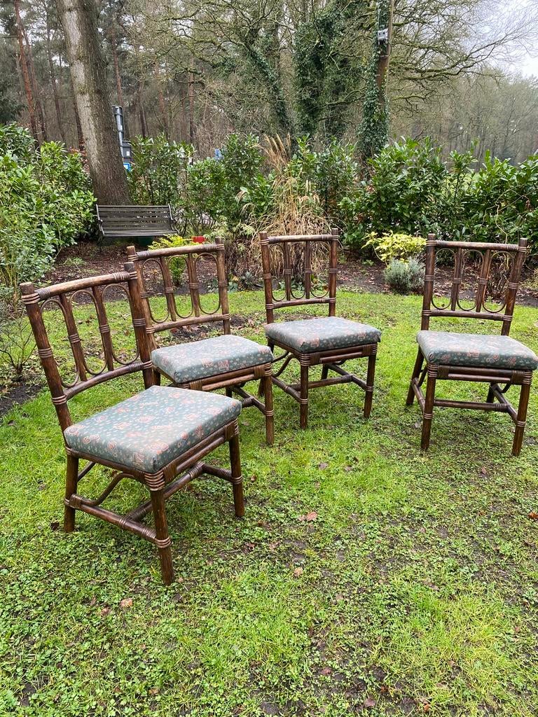 Rotan eetkamerstoelen met kussens 4 stuks vintage, Huis en Inrichting, Stoelen, Zo goed als nieuw, Vier, Hout, Riet of Rotan, Stof