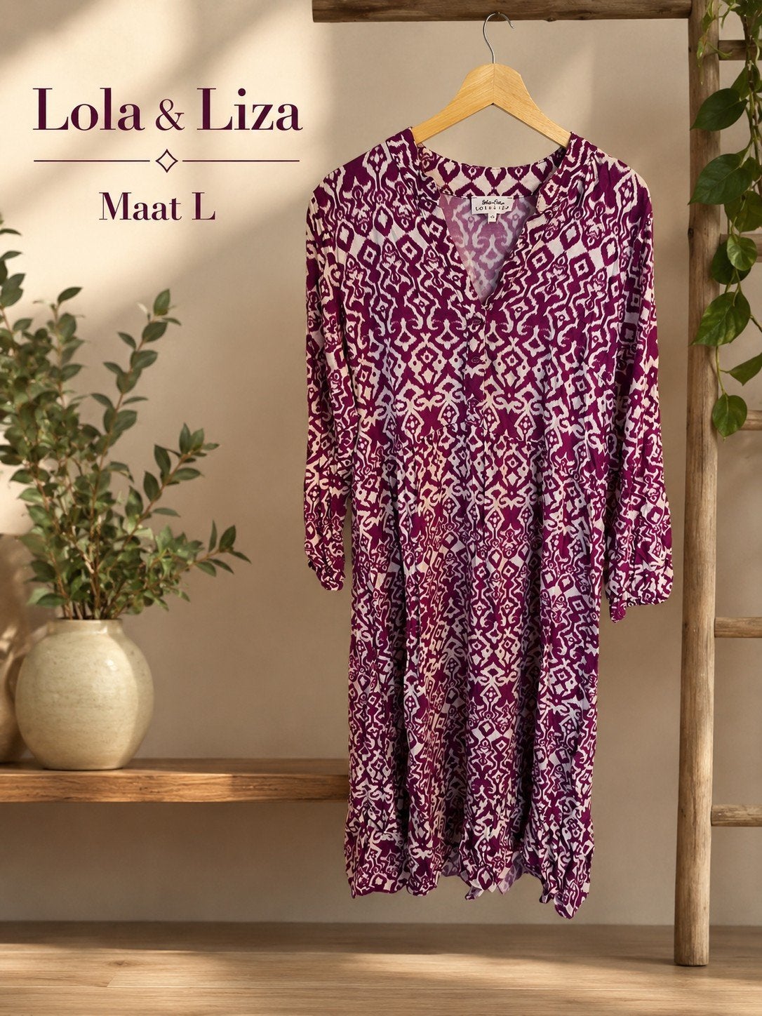 Lola & Liza Jurk Maat L – Comfortabel met Ikat Print, Ophalen, Lola & Liza, Paars, Maat 42/44 (L)