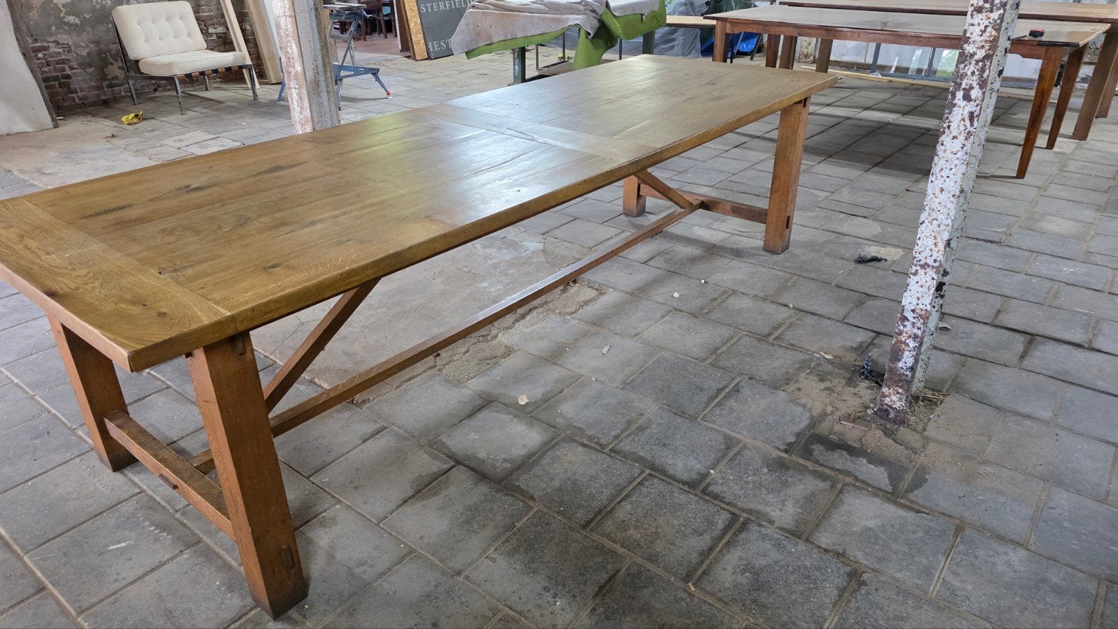 Grote eiken kloostertafel / boerentafel (300 x 100 cm), Huis en Inrichting, Tafels | Eettafels, Ophalen of Verzenden, Gebruikt