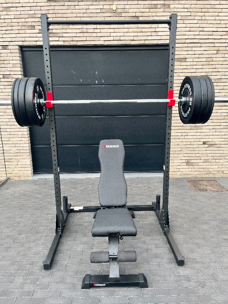 Half rack, barre, plaques de 100 kg et banc, Enlèvement, Comme neuf, Set d’haltères