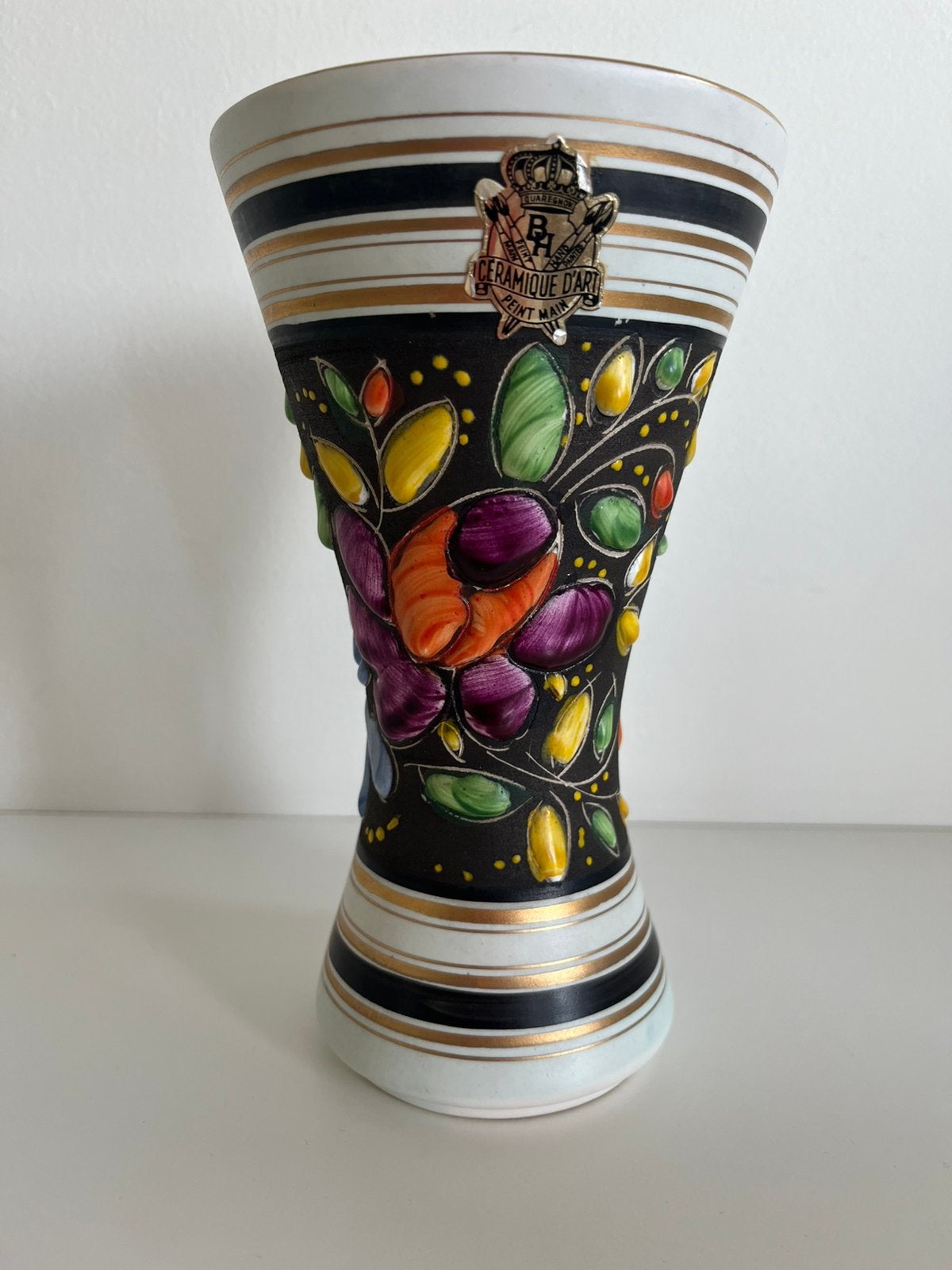 Vase vintage en quaregnon H. Bequet, peint à la main, 19 cm, Enlèvement ou Envoi