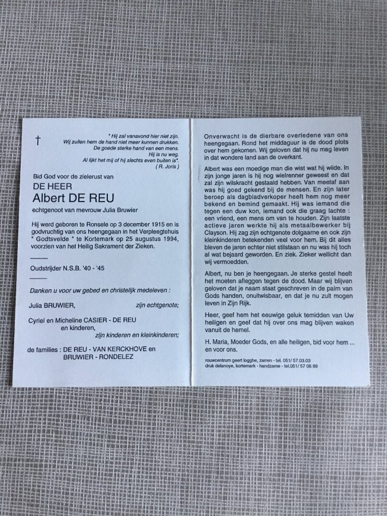 Wielrenner A.De Reu Zomergem +Kortemark 1994, Verzenden, Bidprentje