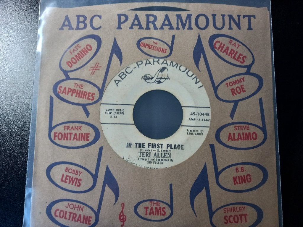 Teri Allen - In The First Place '7 Popcorn Promo ", Housse de protection extérieure, Enlèvement ou Envoi, 7 inch, Utilisé