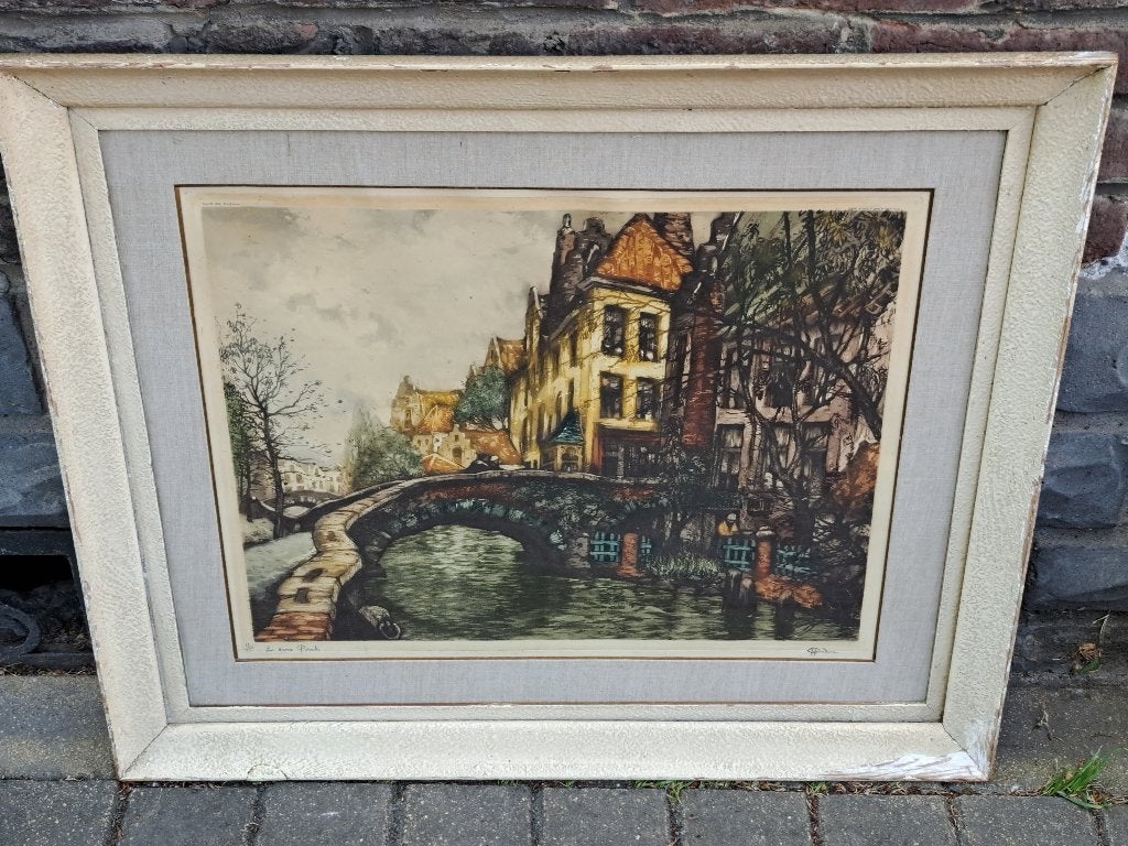 Gravure les 2 ponts a bruges signe Jef codron, Antiek en Kunst, Ophalen of Verzenden, Gravure