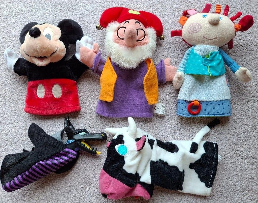 5 Handpoppen (Plop, Mickey Mouse, Zappeline, wolf, koe), Ophalen of Verzenden, Zo goed als nieuw