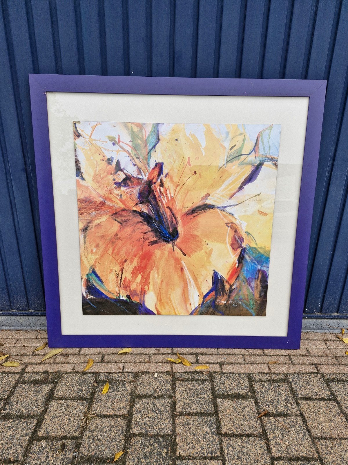 Mona Arnold - Kleurrijke bloem in blauwe lijst, Ophalen, Oorspronkelijke maker, Zo goed als nieuw, Schilderij