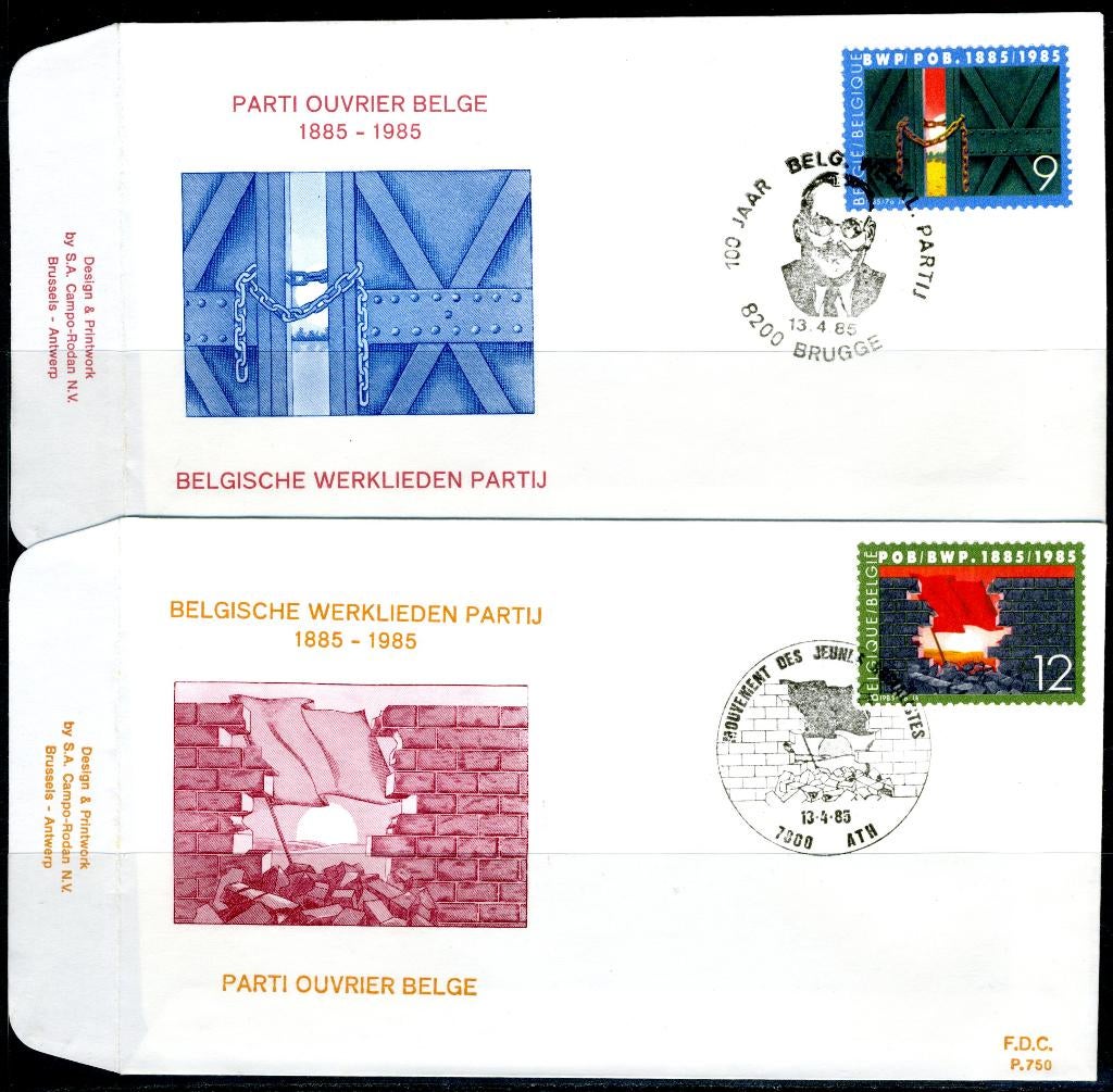 (B) 2167/2168 FDC 1985 - Parti des travailleurs belges, Enlèvement ou Envoi, Affranchi, Avec enveloppe, Oblitération 1er jour