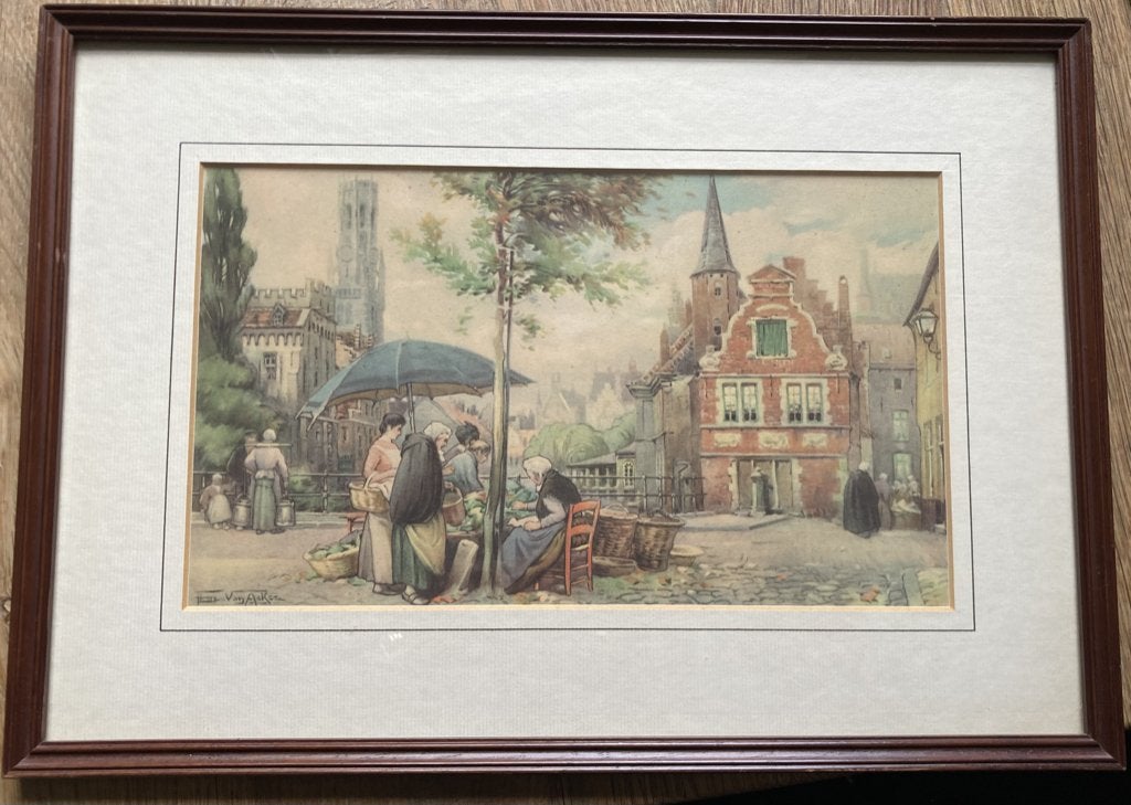 Mooie pentekening Brugge, Ophalen, Klassiek, Achter glas, Stads- / dorpsgezicht