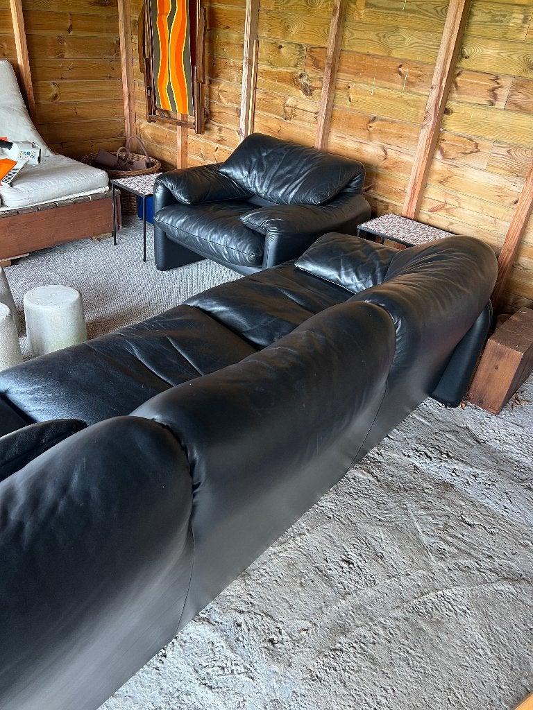 Originele Cassina Maralunga Zwart Lederen Designset, Ophalen, 250 tot 300 cm, Gebruikt, Rechte bank