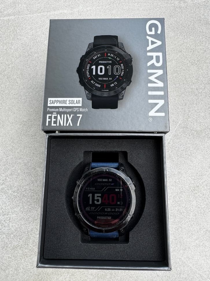 Garmin Fenix 7 Solar Saphire, Handtassen en Accessoires, Sporthorloges, Zwart, Garmin, Ophalen of Verzenden, Zo goed als nieuw