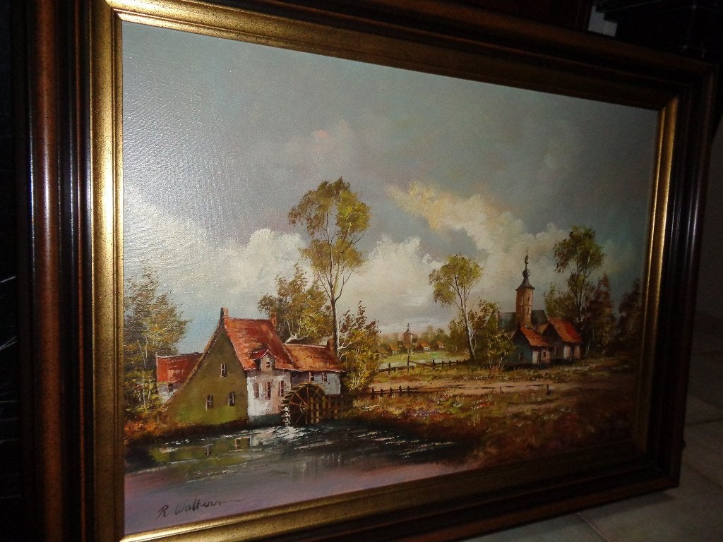 *Zéér mooie grote gesigneerde schilderij met prachtige kader, Antiek en Kunst, Ophalen, Bijzondere lijst, Doek