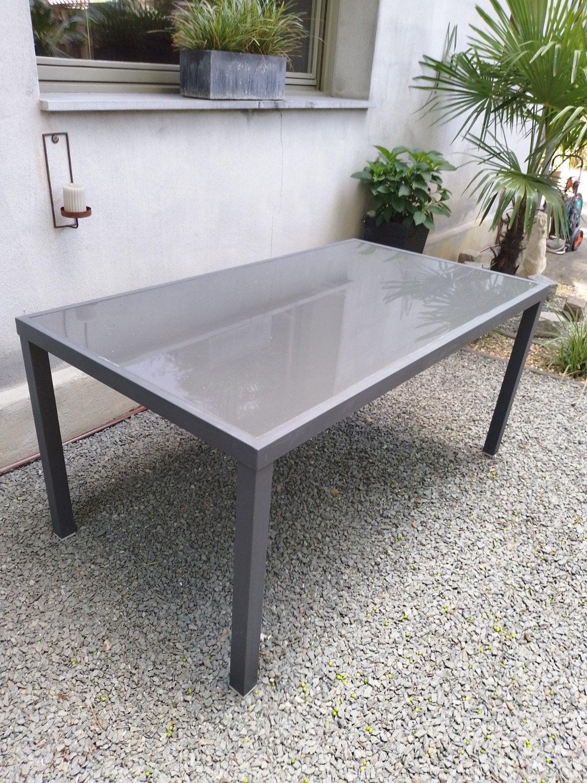Tuintafel met glazen blad te koop., Tuin en Terras, Tuintafels, Ophalen