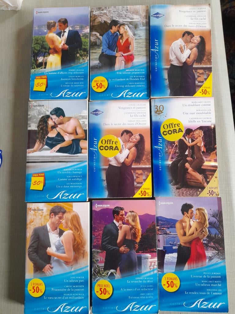 Lot de 9 triples Harlequin  Série Azur = 27 romans, Livres, Romans