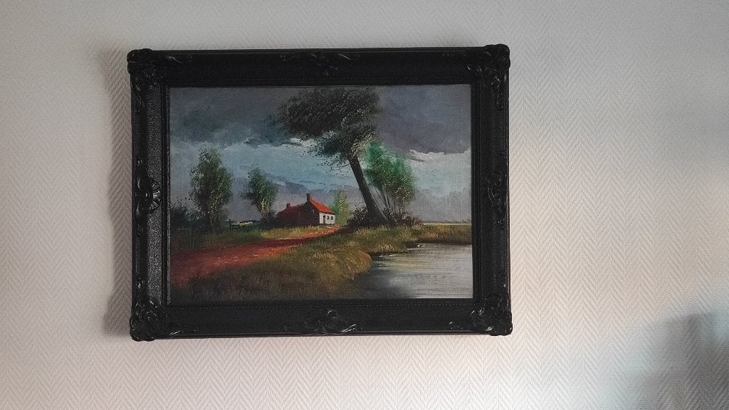 schilderij in zwarte rustieke kader +- 85cm op 65cm, Antiek en Kunst, Kunst | Schilderijen | Klassiek, Ophalen of Verzenden, Landschap