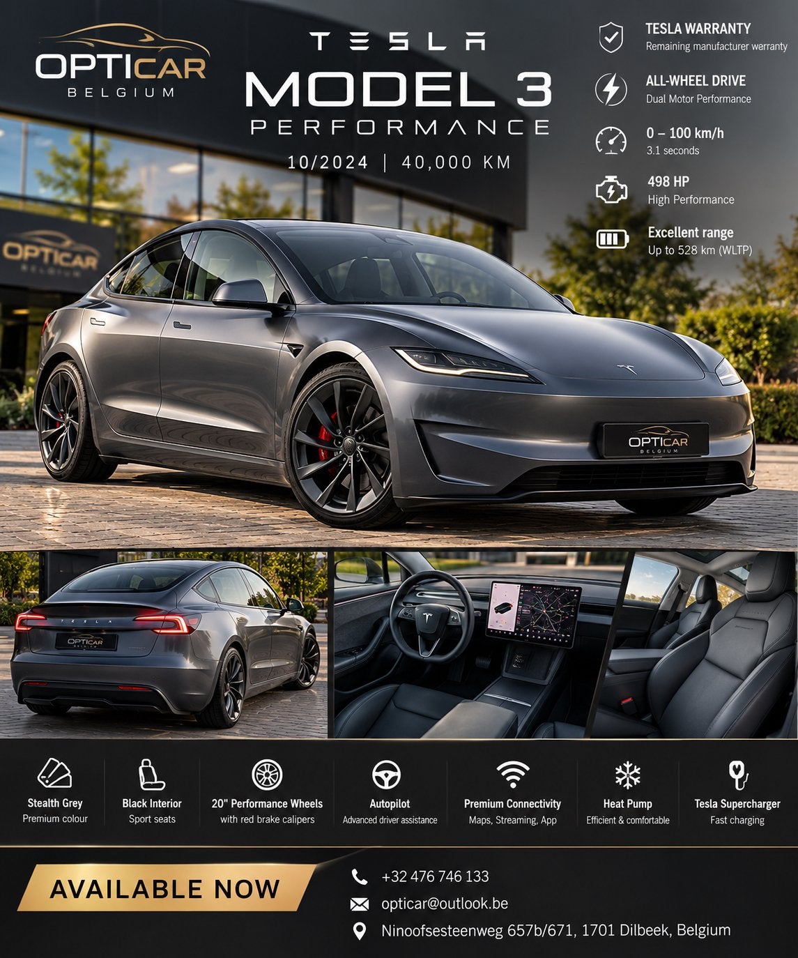 *** Tesla 3 Performance 10/2024 ***, Autos, Cuir, Argent ou Gris, Achat, Entreprise