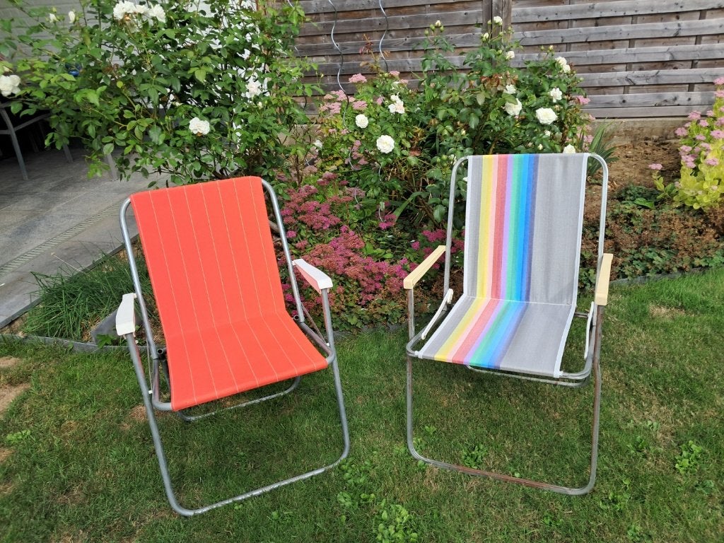 2 opvouwbare tuinstoelen, strand/campingstoelen, Tuin en Terras, Ophalen, Gebruikt, Aluminium, Inklapbaar