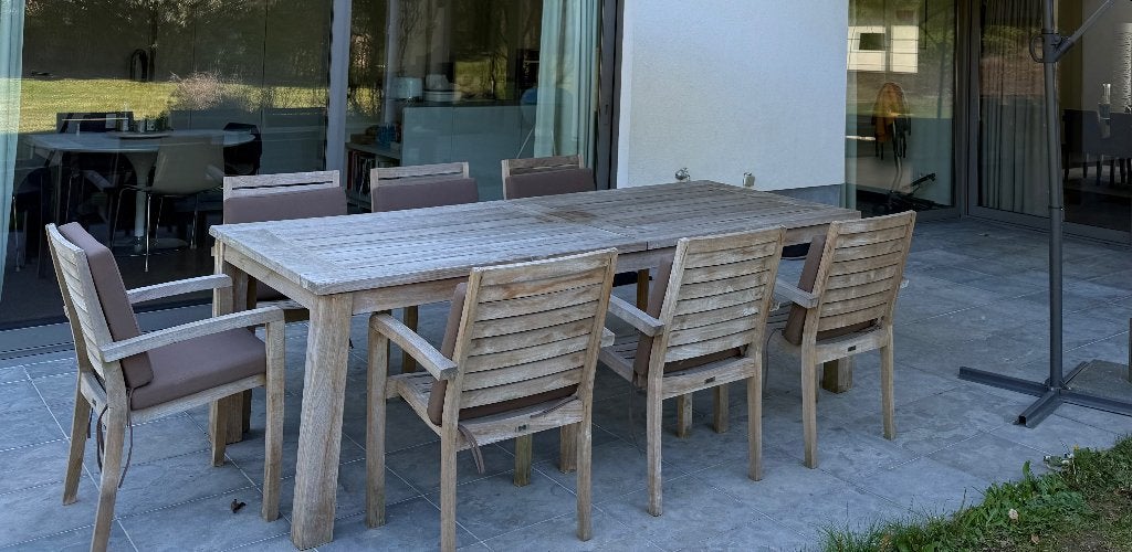 Terrastafel en 7 stoelen incl kussens, Tuin en Terras, Ophalen, Overige materialen, Gebruikt, Eettafel