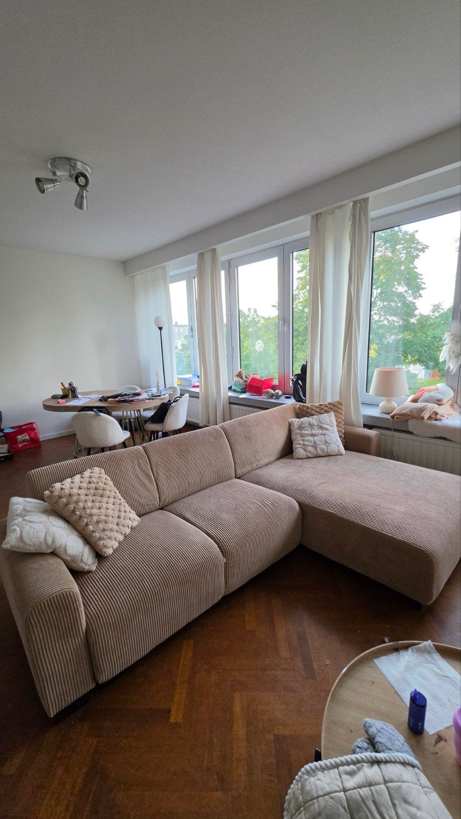 Grote beige hoekzetel ribstof – 280 x 160 cm, Ophalen, Gebruikt, Kunststof