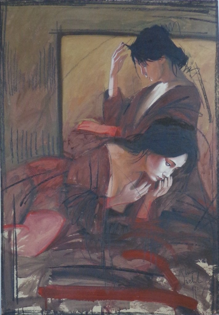 NICO VRIELINK / SENSUELE VROUWEN / OLIEVERF / 128x97cm KADER, Antiquités & Art, Enlèvement, Verre, Signé, Peinture à l'huile
