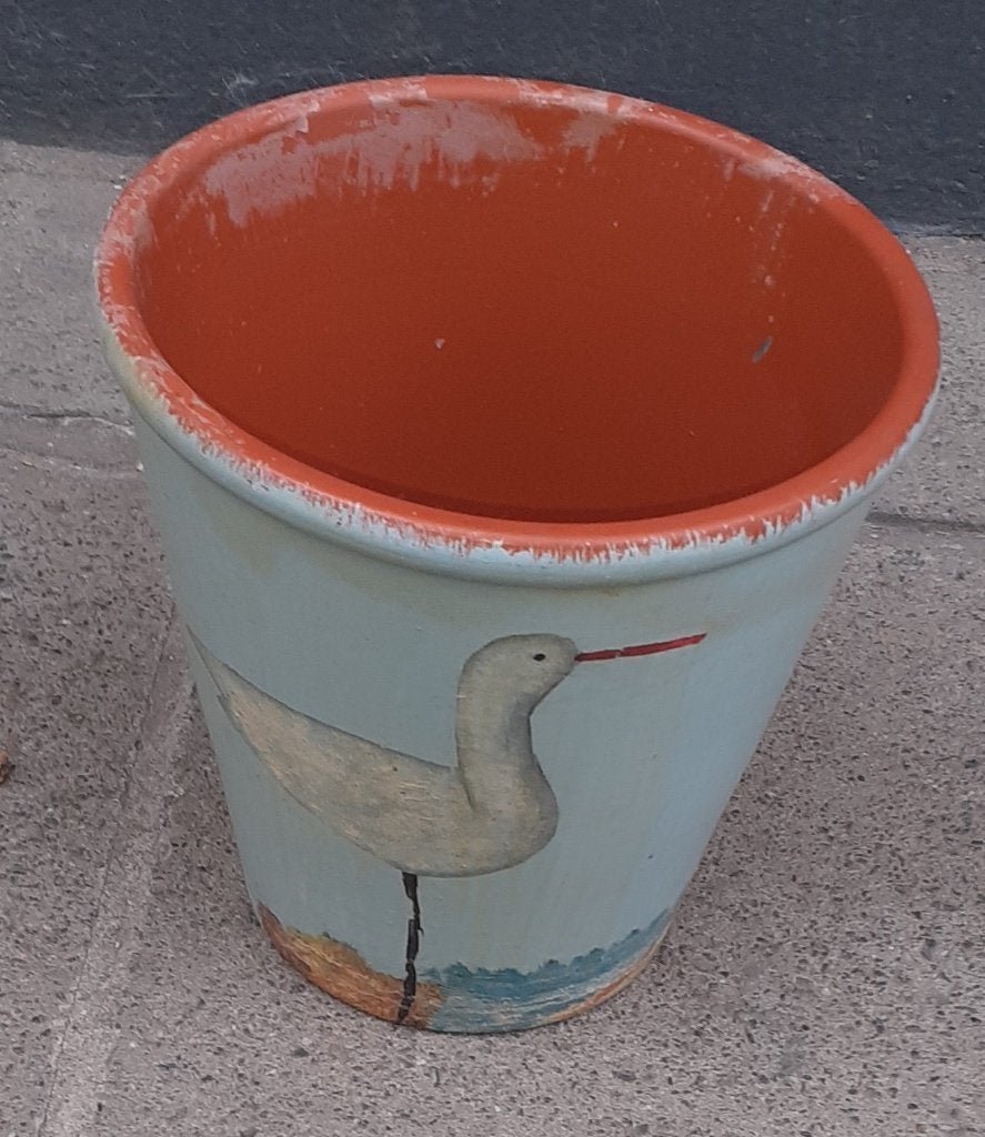Cache pot en terre cuite avec peinture de cigogne, Ophalen, Gebruikt, Rond, Binnen