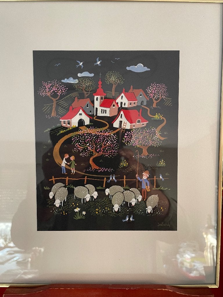 Schilderijtje Marie Louise Batardy, Antiek en Kunst, Landschap, Acrylverf, Handgeschilderd, Papier/karton