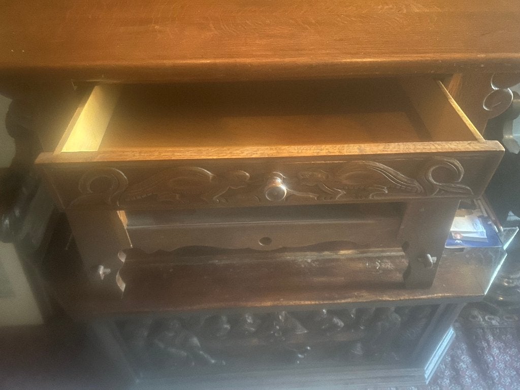 Vintage bijzet tafel/kast met mooi bewerkte schuif jaren '50, Antiek en Kunst, Ophalen