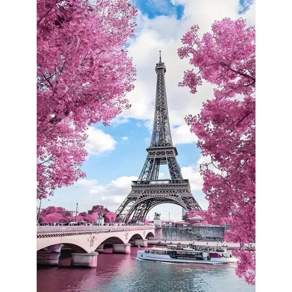 40x30cm Diamond Painting Eiffeltoren roze bos (rond) nr 218, Roze, Gebouwen, Diamond painting, Nieuw