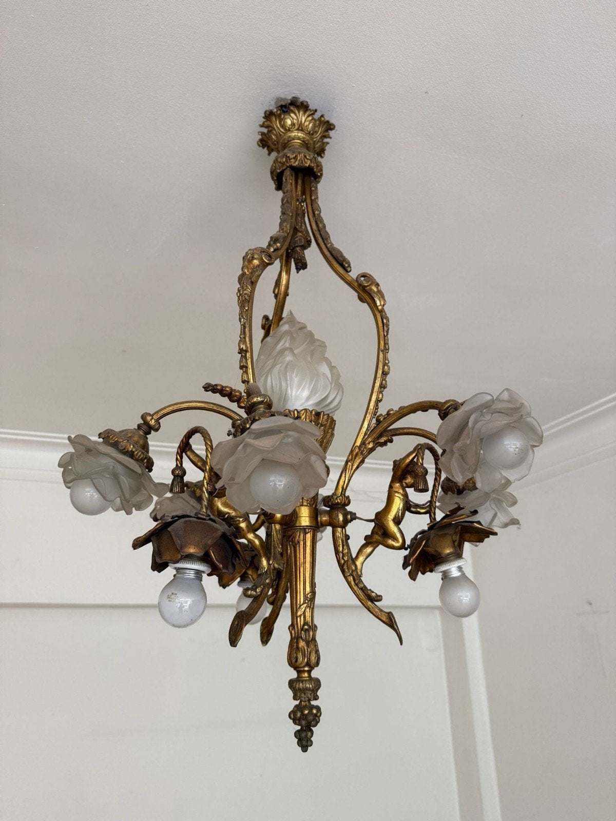 2 lustres anciens identiques avec capuchons en verre en form, Enlèvement, Comme neuf, Métal, Antiek
