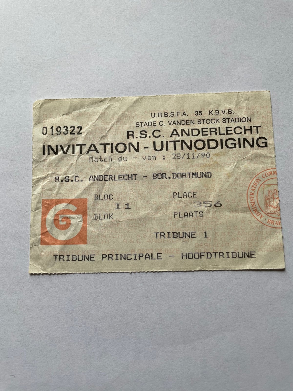 Ticket Anderlecht - Dortmund 1990, Enlèvement ou Envoi, Utilisé