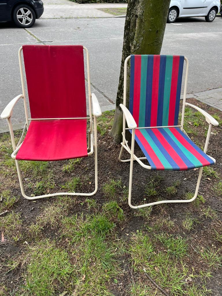Paar vintage plooistoeltjes metaal en canvas, Caravans en Kamperen, Ophalen, Gebruikt, Vintage, Campingstoel
