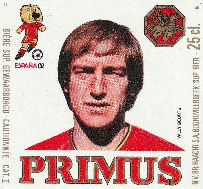 bieretiket Haacht Primus Espana '82 : Willy Geurts nr 11, Verzamelen, Verzenden, Zo goed als nieuw, Overige typen, Overige merken