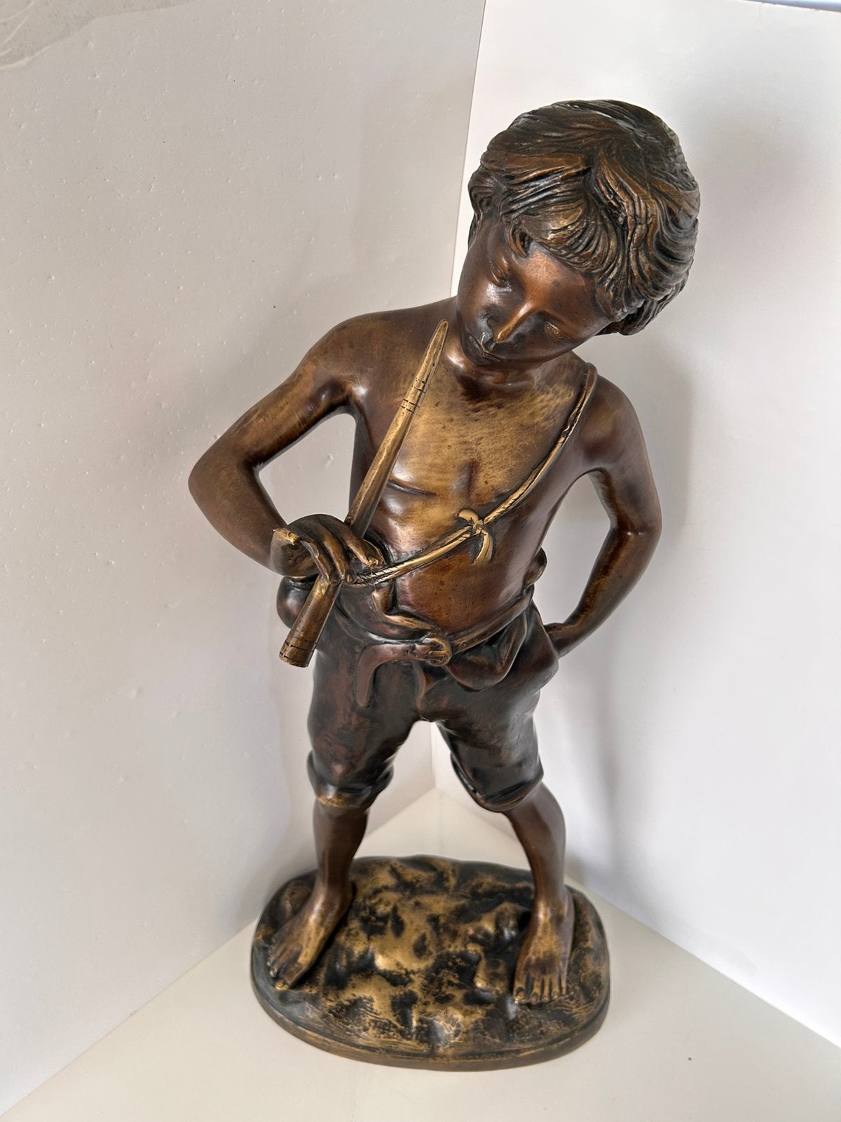 Statue ancienne Garçon à la flûte C Caudion env. 70 cm, Enlèvement ou Envoi, Métal, 70 cm, Signé
