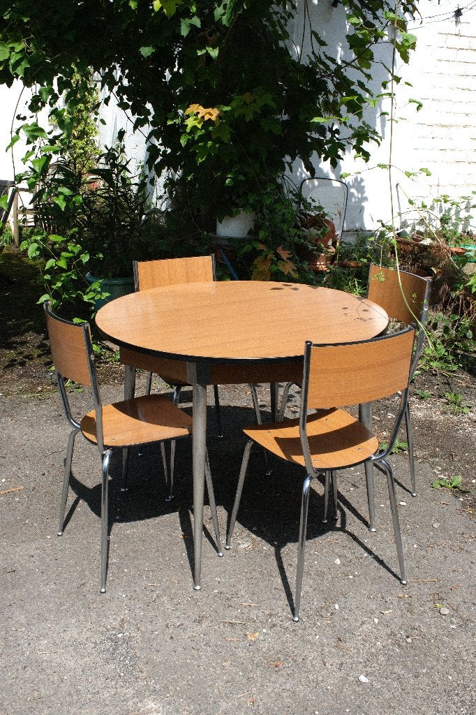 TABLE VINTAGE RONDE + 4 CHAISES, Quatre personnes, Rond, Autres essences de bois, 50 à 100 cm
