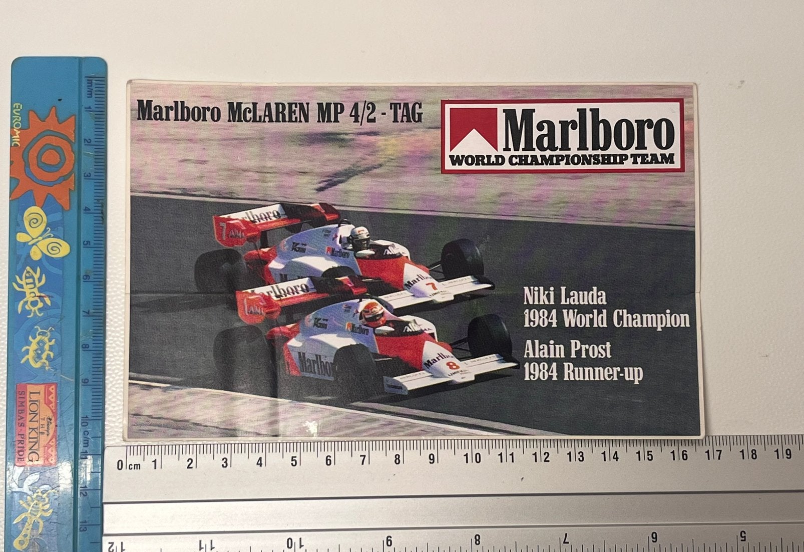 Vintage sticker F1 1984 Alain Prost Niki Lauda, Ophalen of Verzenden, Zo goed als nieuw