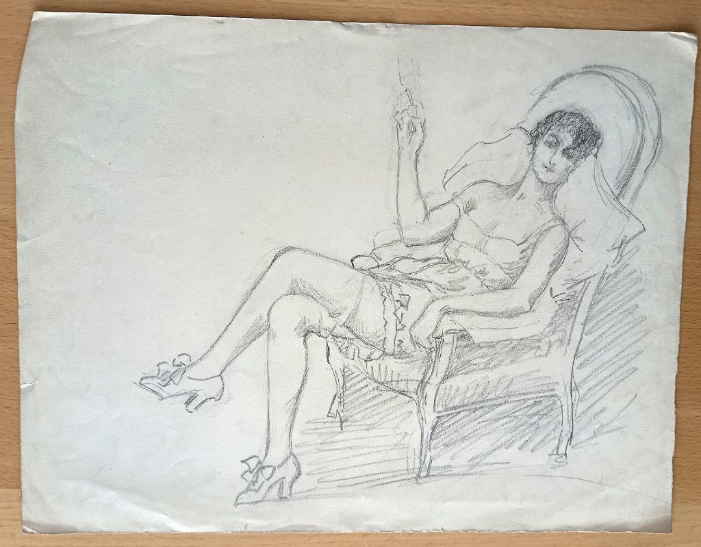 A493-35 Oude tekening Vrouw in lingerie, rokend in stoel, Ophalen of Verzenden