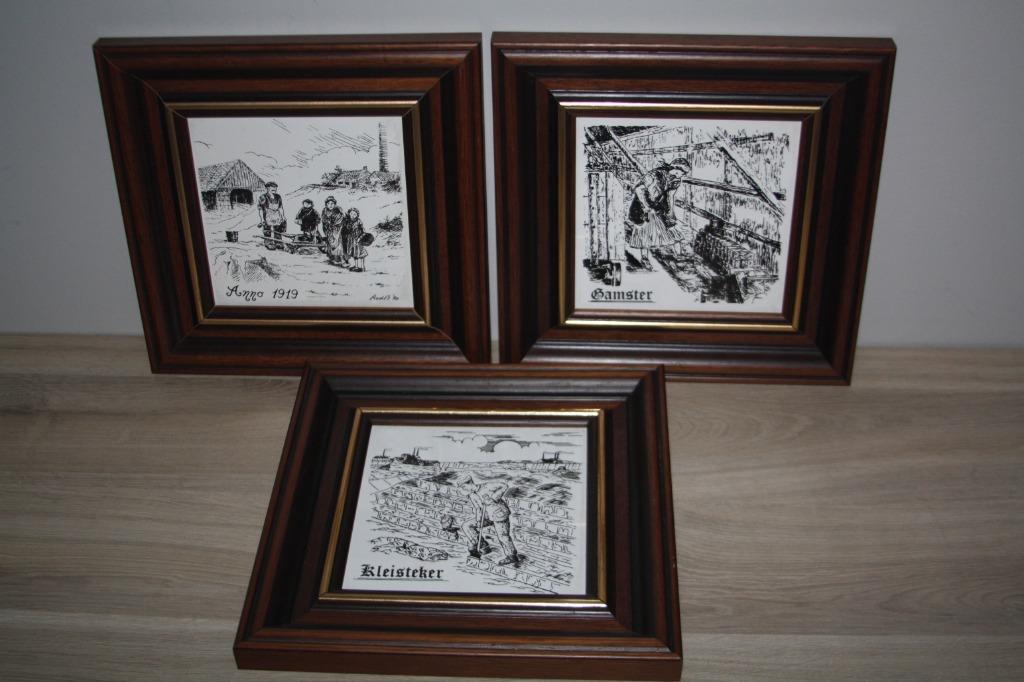 3 keramische tegels 15x15 cm ,steenbakkerij ,houten kaders, Ophalen of Verzenden, Zo goed als nieuw