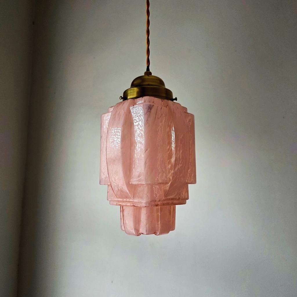 Vintage Art-Deco skyscraper glazen hanglamp., Antiek en Kunst, Ophalen of Verzenden