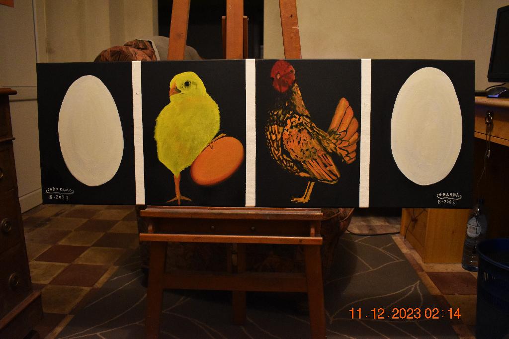 Peinture l'oeuf ou la poule qui est arrivé en premier, Antiquités & Art, Art | Peinture | Moderne, Enlèvement