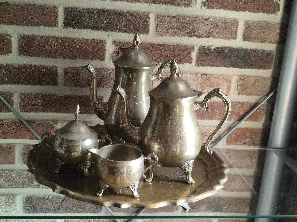 Koffie en thee kan met melkkan en suikerpot op grote schaall, Antiek en Kunst, Antiek | Brons en Koper, Ophalen