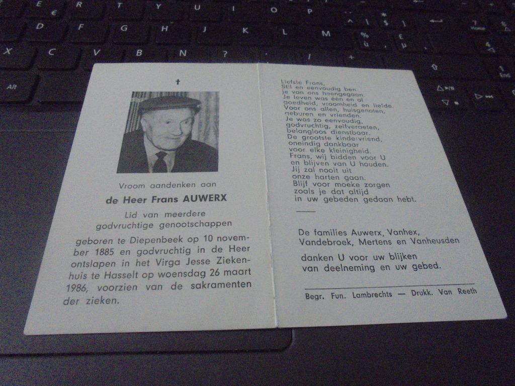 dp Frans Auwerx, Verzamelen, Bidprentjes en Rouwkaarten, Ophalen of Verzenden, Bidprentje