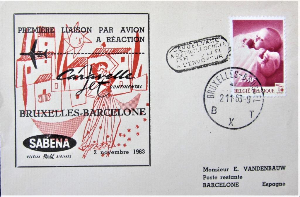 FDC SABENA- BRUSSEL- BARCELONA 1963, Enlèvement ou Envoi, Affranchi, Avions